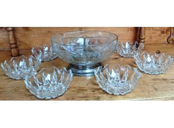 Glass Bowl With 3 Sections And A Sterling Silver Pedestal And 6 Crystal Candy Dishes