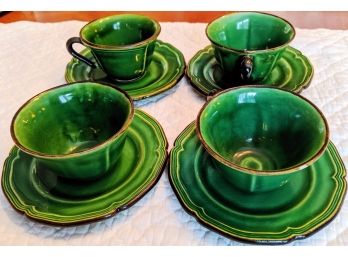 4  Vintage  S Dieufefit Of France, Saucers And Cups, In Deep Green By Poterie Milon