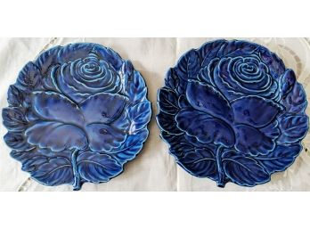 2 Exquisitely Crafted Artistic Floral Blue Ceramic Plates In The Majolica Style