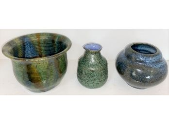 3 Hand Thrown Vessels - Planter, Pitcher And Vase