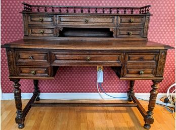 Amazing Antique Carved Walnut Two Tier Writing Desk Circa 1900  With A Pull Out Extension