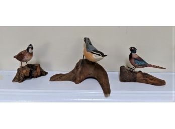 Set Of Three Carved Birds On Driftwood