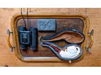 Brookstone Binoculars, Meerschaum Pipe In Leather Case, Engraved Metal Antique Box, On Antique Tray