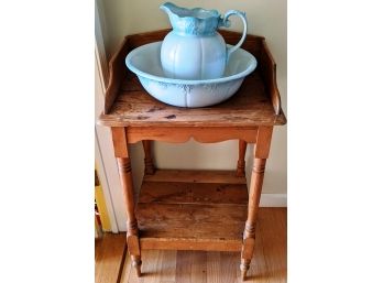 Pine And Maple Washstand And Undershelf On Turned Legs With Light Turquoise Glazed Wash Bowl And Pitcher