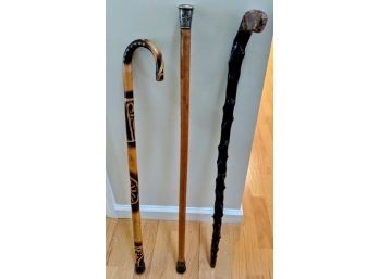 Set Of 3 Walking Sticks - Irish Shillelagh Walking Stick And Metal Silvertone Handled Wooden Walking Stick