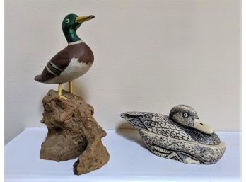 Set Of 2 Ducks - One Carved From Wood,  One Carved From Bone