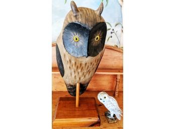 Large Carved Wooden  Barn Owl On Stand With Small White Owl On Wood Branch