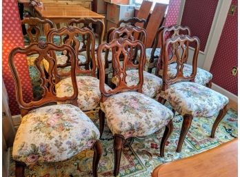 6 Classic Cherry Wood Chairs Reupholstered With A Lovely Brocade Fabric. ( Vintage)