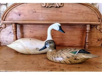 Hand Carved And Polychromed Sculptures 'Whistling Swan' And 'Green Winged Teal'  By  Artist J. Linder