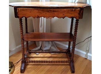 This Great Antique Wooden Table With Spindle Legs Comes With An Extra Shelf, And Drawer