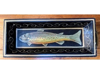 Folk Art Painted Fish Tray With Brass Handles