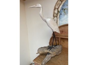 Carved Bird, Egret,  On Driftwood