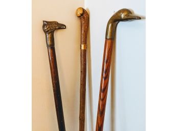 3 Antique Walking Sticks Of Distinction 2 Brass Heads And A Third With Brass Markings