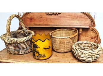 3 Vintage Whicker Baskets - Two With Handles And One Handle Less  With A Vintage Painted Toile Tin Container