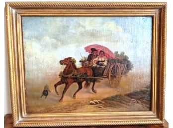 Oil Painting In Gold Frame - Couple In A Horse Drawn Carriage (Early American Artist)