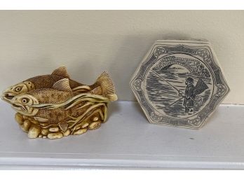 Set Of Two Fish Related (Scrimshaw?) Boxes