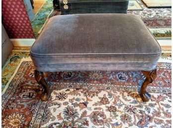 Handsome Antique Grey Velvet Footstool With Mahogany Footed Legs.