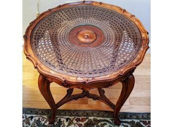 Carved Wooden Side Table With Fabulous Rattan Medallion Design Topped With Covered Glass --needs Dimensions