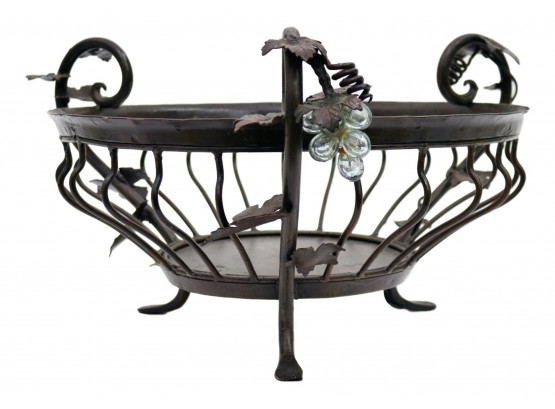 Palecek Large Hand Forged Wrought Iron Footed Bowl Embellished With Clustered Glass Grapes, Vines And Leaves