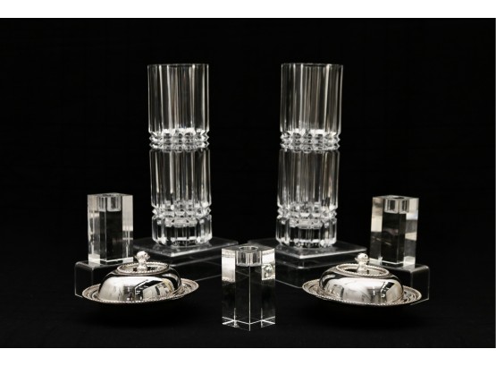 Set Of Crystal Reeded Vases And More