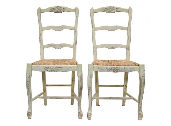 Set Of 2 White Wash French Country Distressed Ladder-Back Side Chairs With Rush Seats And Tie-On Cushions