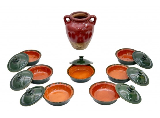 Set Of  7 Glazed Terracotta Casserole Bowls  And A Holsley Potteries Vase