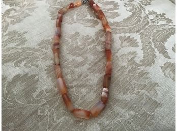 Rectangular Polished Stone Necklace In Shades Of Amber And Pearl