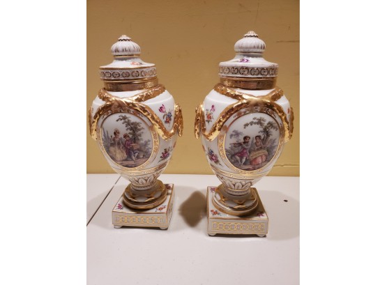 Pair Of 19th Century Dresden Porcelain Urns And Covers