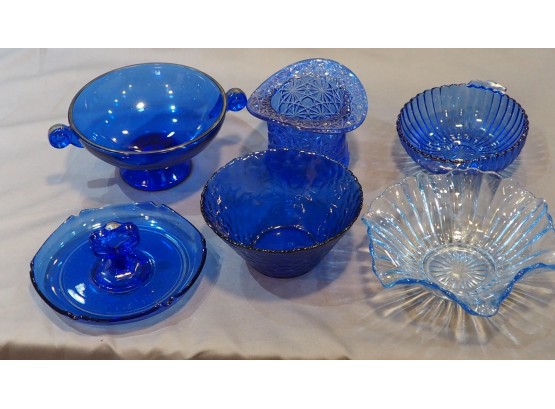 Vintage Blue Glass Collection Feat. 2 Depression Glass Pieces.