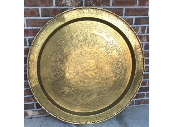 Large Brass Engraved Tray With Chinese Characters, 3’ Round