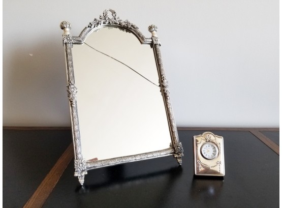 Silver Vanity Mirror And Clock - AS IS