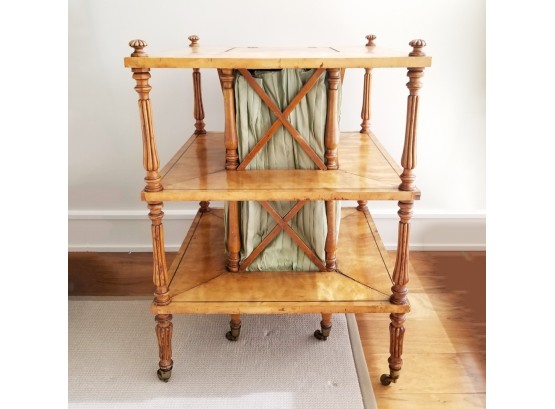 Antique Three Tiered Sewing Table W/ Fabric Lined Storage