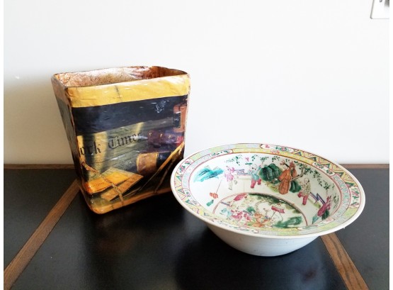 Designer Wastebasket And Antique Asian Fruitbowl