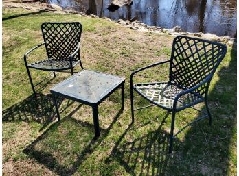 Pair Of Brown Jordan Patio Arm Chairs And Small Accent Table