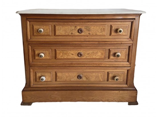 3 Drawer Dresser With Burled Drawer Panels And Marbled Top & Drawer Pulls