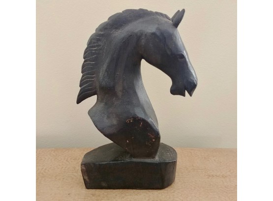 Wood Carved Horse Head On Base