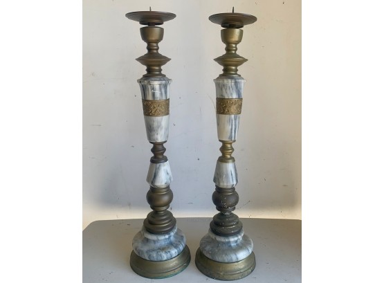 Pair Marble And Brass Candle Sticks