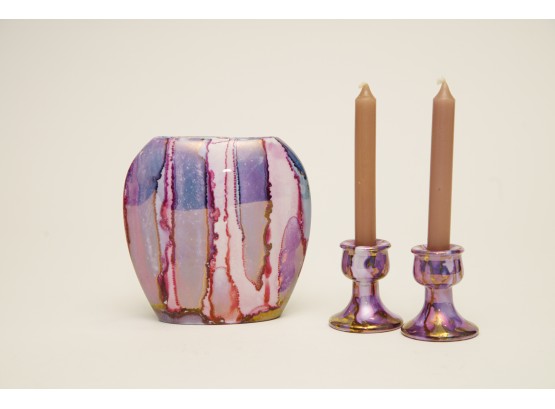 Hand Painted Porcelain Vase & Candleholders Set