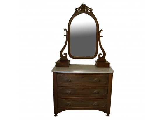 Antique Victorian Marble Top Walnut Dresser With Mirror