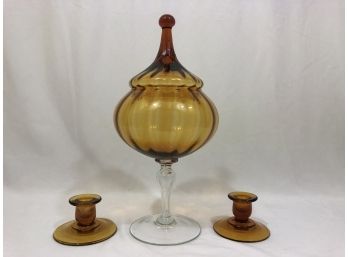 Glass Amber Candy Jar With Candle Holders