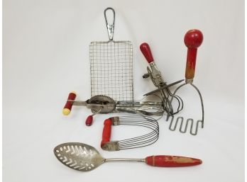 6 Vintage/Antique Kitchen Tools Red Wood Handles