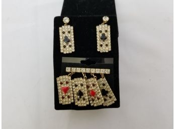 Rhinestone Playing Cards Jewelry Set-Earrings And Pin- From Foxwoods