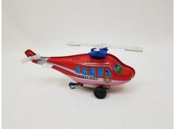 Vintage 1980's Fire-chief Wind Up Helicopter Tin Toy