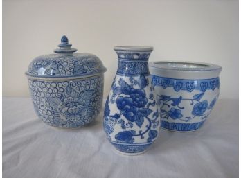 Blue And White Asian Vases And Ginger Jar