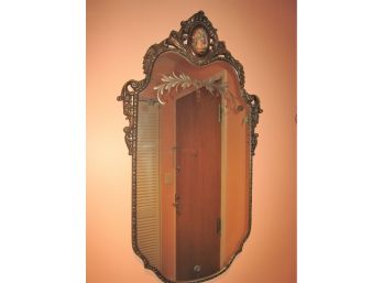 Victorian Carved Wood Wall Mirror Porcelain Insert