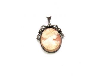 Vintage Sterling Marcasite Shell Cameo Pendant