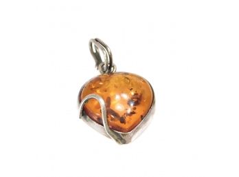 Vintage Sterling Silver Large Amber Heart Pendant