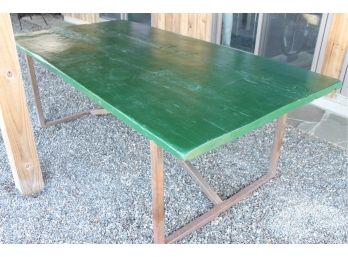 Cool INDUSTRIAL Iron + Vintage Glossy Green  Wooden Top STEAMPUNK Outdoor Table! Comes With Its Own Cover!