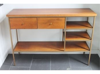 Gorgeous WEST ELM Brass + Wood Modern Console Table With 2 Drawers + Shelves