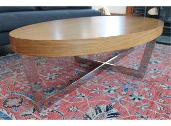 Great Wood + Chrome Base Modern Oval Coffee Table